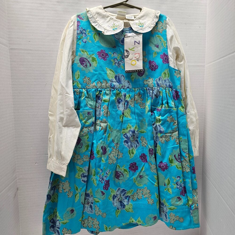 New ZYNO Girls Dress Embroidered Cottagecore 2pc Blue White Floral Style 581B 6X
